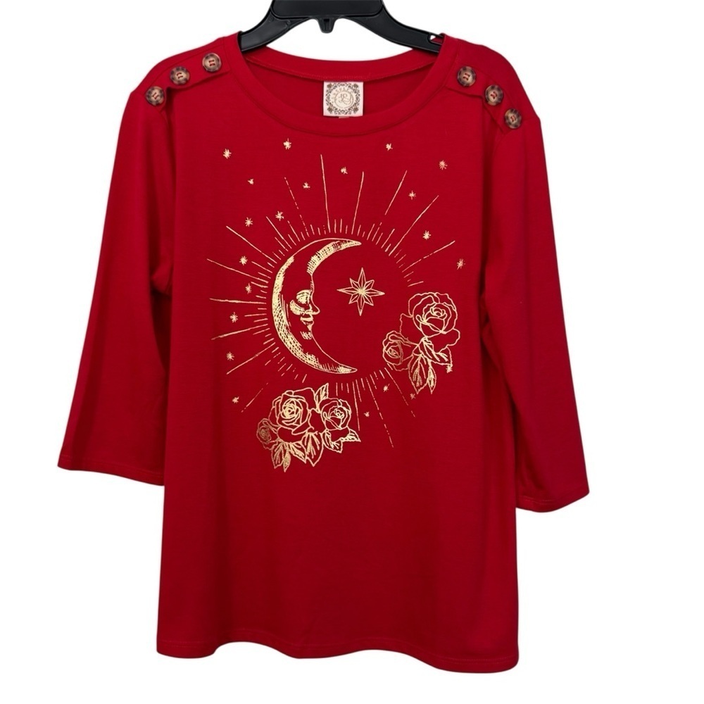 Truself Red Celestial Moon & Rose Graphic Top NWT Small